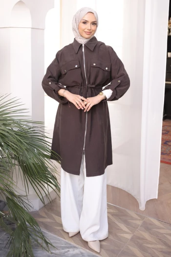 Kahverengi Bel Kuşaklı Çift Cepli Gabria Kap