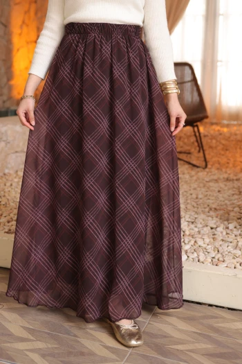 Kahverengi Bel Lastikli Astarlı Şifon Etek