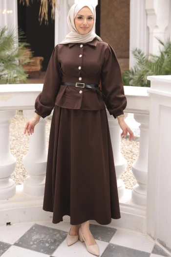 Kahverengi Bel Pens Dikişli Dabıl Gömlek Etekli Takım