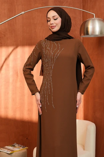 Kahverengi Bisiklet Yaka Taş İşlemeli Abiye