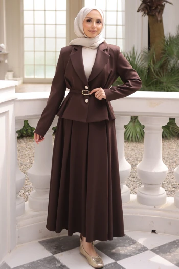 Kahverengi Ceket Etekli Krep Takım