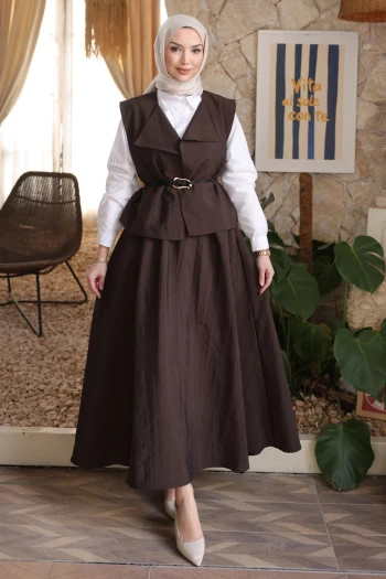 Kahverengi Deri Kemerli Yelek Etekli Takım