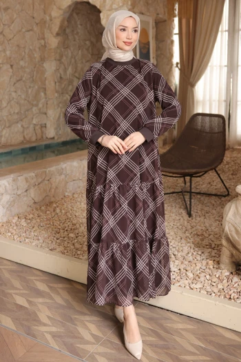 Kahverengi Desenli Şifon Elbise