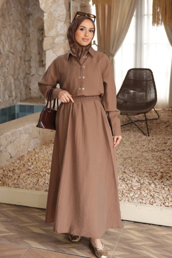 Kahverengi Düğmeli Gömlek Etekli Takım