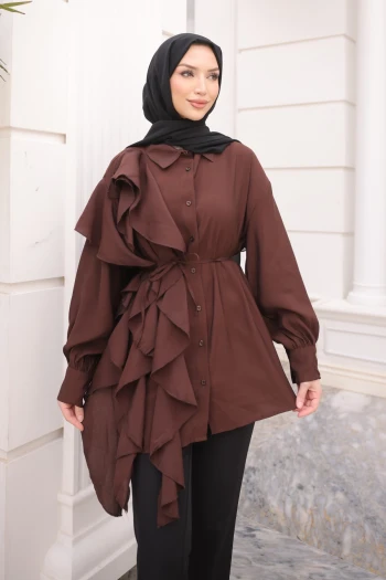 Kahverengi Düğmeli Volanlı İp Bağcıklı Tunik