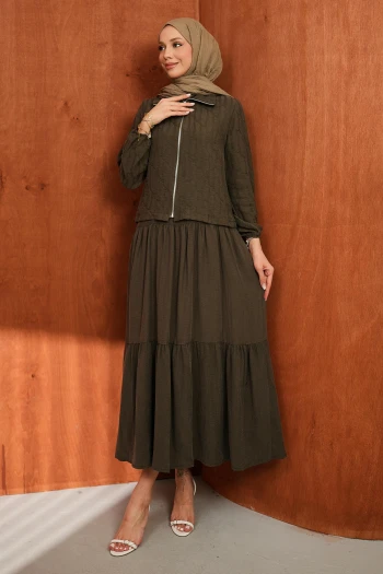 Kahverengi Fermuarlı Ceket Eteği Katlı Jile Takım