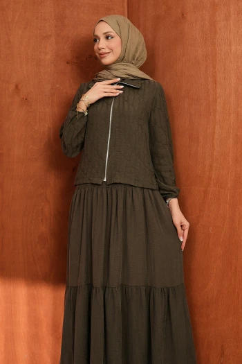 Kahverengi Fermuarlı Ceket Eteği Katlı Jile Takım