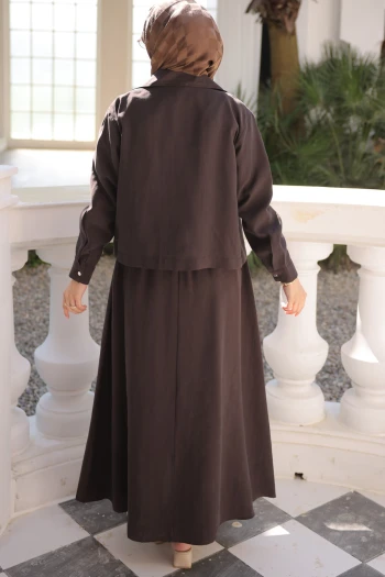 Kahverengi Fermuarlı Ceket Etekli Takım