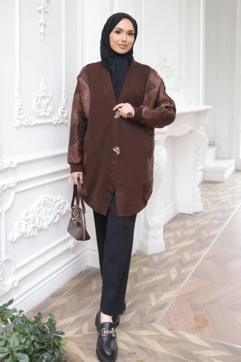 Kahverengi Fermuarlı Detaylı Tunik Pantolonlu Takım