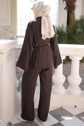 Kahverengi Geniş Kol Bel Bağlamalı Tunik Pantolonlu Takım