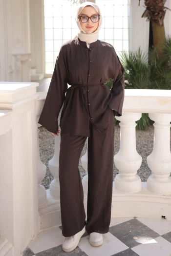 Kahverengi Geniş Kol Bel Bağlamalı Tunik Pantolonlu Takım