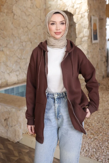 Kahverengi Kapşonlu Fermuarlı Üç İplik Cepli Hırka
