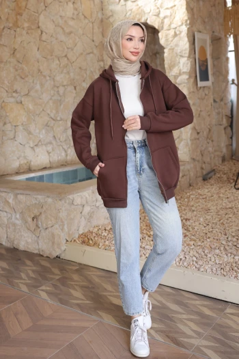 Kahverengi Kapşonlu Fermuarlı Üç İplik Cepli Hırka
