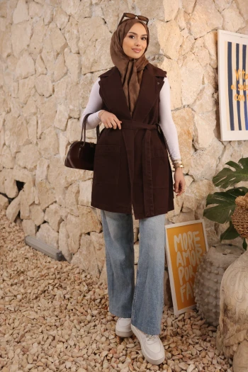 Kahverengi Kemerli Cepli Gabardin Yelek
