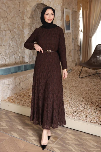 Kahverengi Kemerli Dantelli Astarlı Elbise