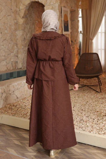 Kahverengi Kendinden Desenli Gömlek Etekli Takım