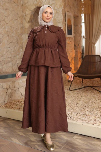 Kahverengi Kendinden Desenli Gömlek Etekli Takım