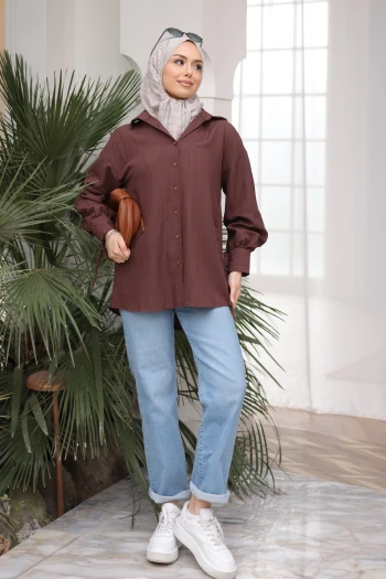 Kahverengi Kol Bağlamalı Düğmeli Gömlek