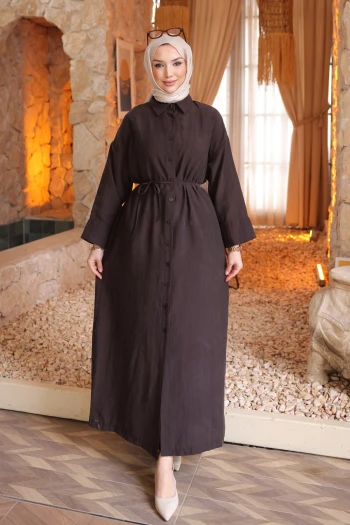 Kahverengi Oversize Düğmeli Tesla Elbise