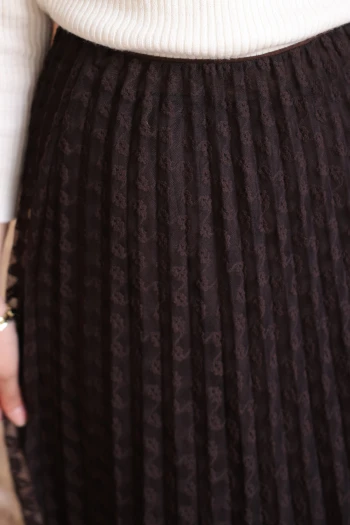 Kahverengi Piliseli Flok Baskılı Astarlı Tül Etek