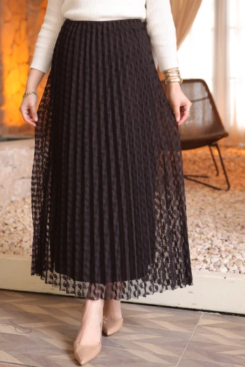 Kahverengi Piliseli Flok Baskılı Astarlı Tül Etek