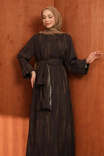 Kahverengi Şallı Desenli Elbise