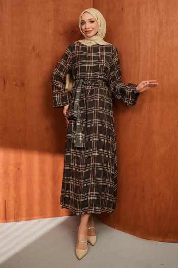 Kahverengi Şallı Ekose Desenli Elbise
