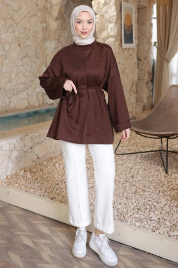Kahverengi Taş Detaylı Yırtmaçlı Oversize Tunik