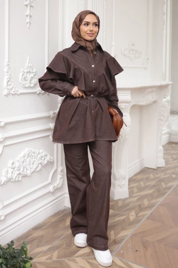 Kahverengi Volanlı Tunik Pantolonlu Kot Takım