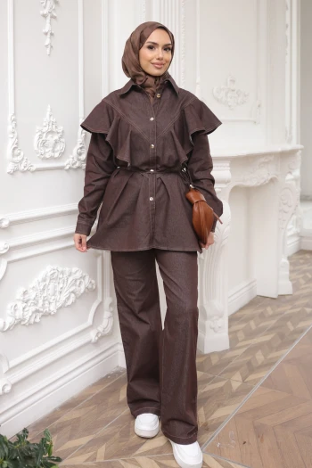 Kahverengi Volanlı Tunik Pantolonlu Kot Takım