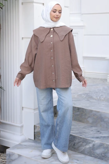 Kahverengi Yaka Detaylı Düğmeli Tunik