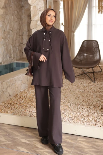 Kahverengi Yaka Detaylı Tunik Pantolonlu Takım
