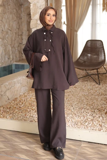 Kahverengi Yaka Detaylı Tunik Pantolonlu Takım
