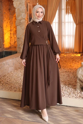 Kahverengi Yan Bağlamalı Kol Lastikli Elbise