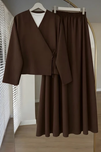 Kahverengi Yandan Bağlamalı Dabıl Kimono Etekli Takım