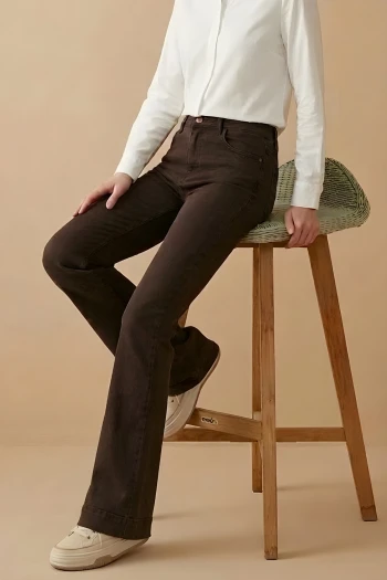 Kahverengi Yüksek Bel İspanyol Paça Jeans Pantolon