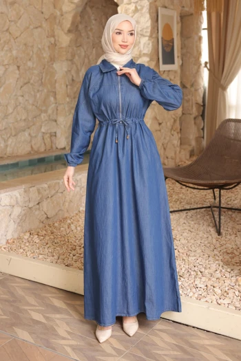 Koyu Mavi Bel Lastikli Fermuarlı Kot Elbise