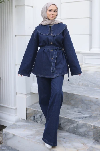 Koyu Mavi Düğmeli Mendil Yaka Ceket Pantolonlu Takım