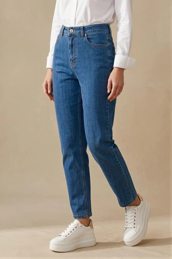 Koyu Mavi Yüksek Bel Mom Jeans Pantolon