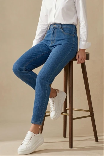 Koyu Mavi Yüksek Bel Mom Jeans Pantolon