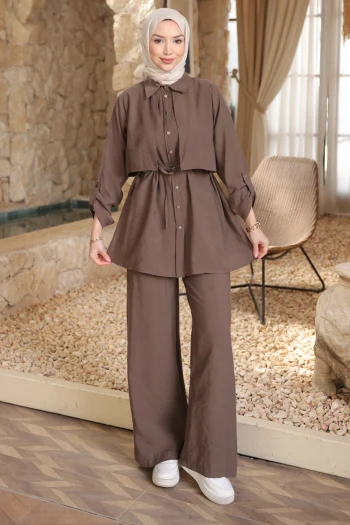 Koyuv Vizon Önü Allerli Kolu Apoletli Tunik Pantolonlu Modal Takım