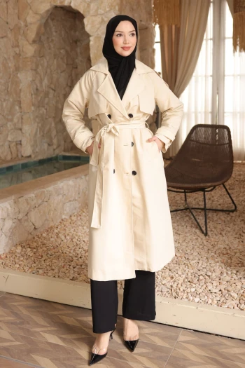 Krem Kruvaze Yaka Astarlı Trençkot