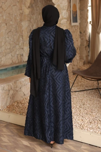 Lacivert Balon Kol Kuşaklı Elbise