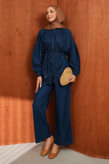 Lacivert Balon Kol Tunik Pantolonlu Tensel Kot Takım