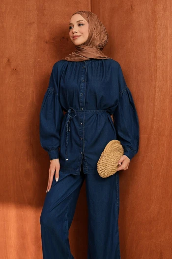 Lacivert Balon Kol Tunik Pantolonlu Tensel Kot Takım