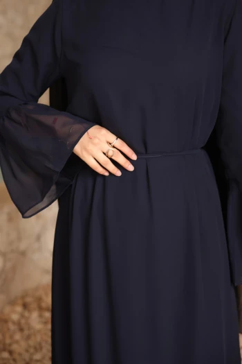 Lacivert Bel Bağlamalı Eteği Katlı Şifon Elbise