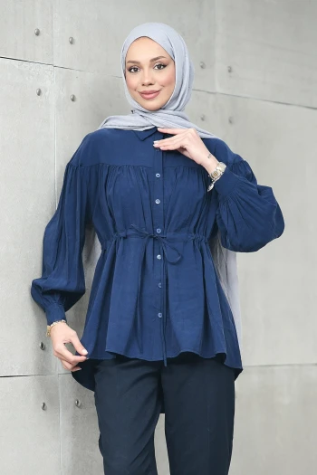 Lacivert Bel Bağlamalı Modal Salaş Tunik