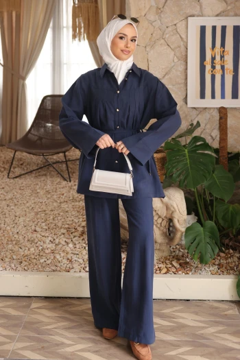 Lacivert Bel Bağlamalı Tunik Pantolonlu Tansel Takım