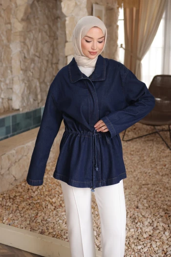Lacivert Bel Büzgülü Kot Ceket
