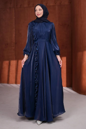 Lacivert Bel Kemerli Fırfırlı Janjan Abiye